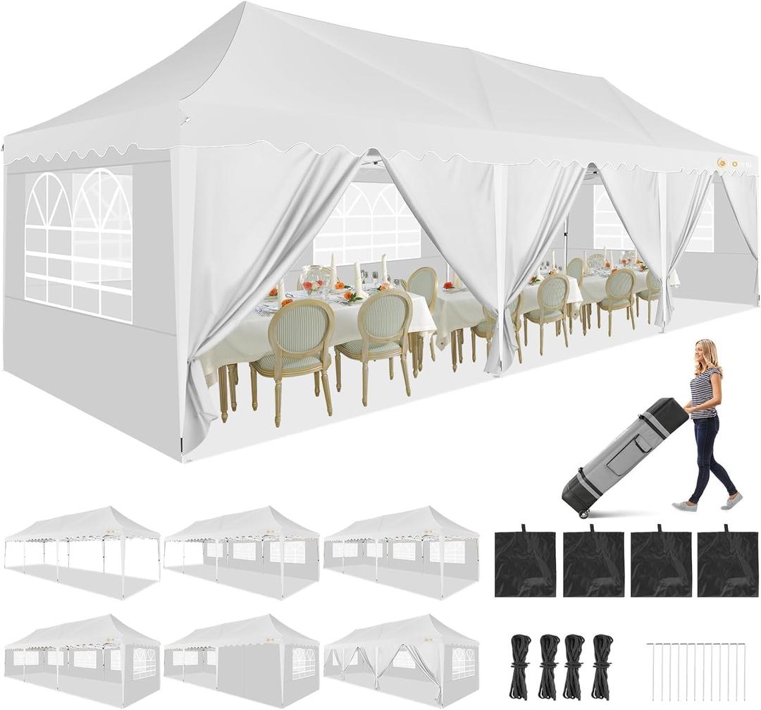 HOTEEL 10x30 Pop Up Canopy with Walls Party Tent Event Tent UPF 50+ Windproof Waterproof Wedding Tents for Parties Gazebo Canopy with Roller Bag & 4 Weights Bags,White