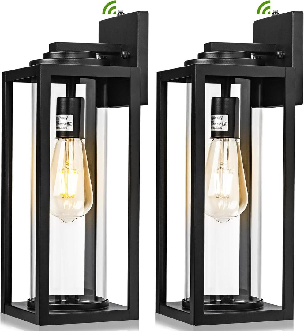 16 inch Dusk to Dawn Outdoor Wall Light - 2 Pack Exterior Waterproof Outside Lighting, Modern Porch Sconces, Wall Mounted Fixtures, Industrial Anti-Rust Matte Black Lantern for Front Door