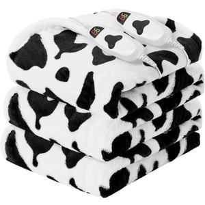 Electric Heated Blanket King Size,90X100 Black Heating Blanket King with Dual Control&Timer&10 Heat Level,Cute Cow Print Fleece Sherpa Blankets Warmer Gifts for Bed Women Adults