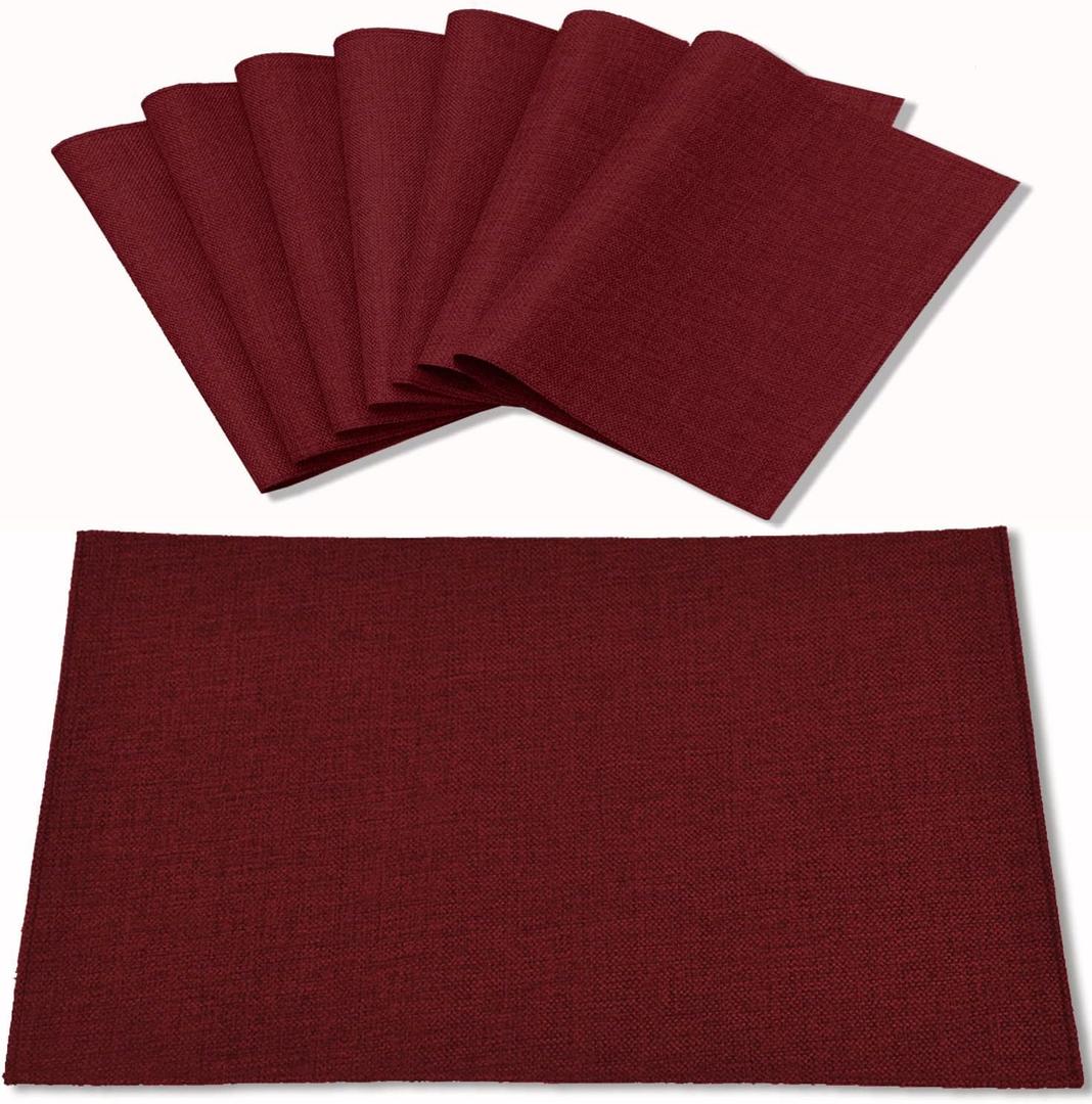 Rinpon Cloth Burgundy Placemats Set of 8, Linen Type Fabric Placemats Machine Washable Heat Resistant Placemats Polyester Place Mats for Halloween, Thanksgiving and Christmas Dining Table (Burgundy)