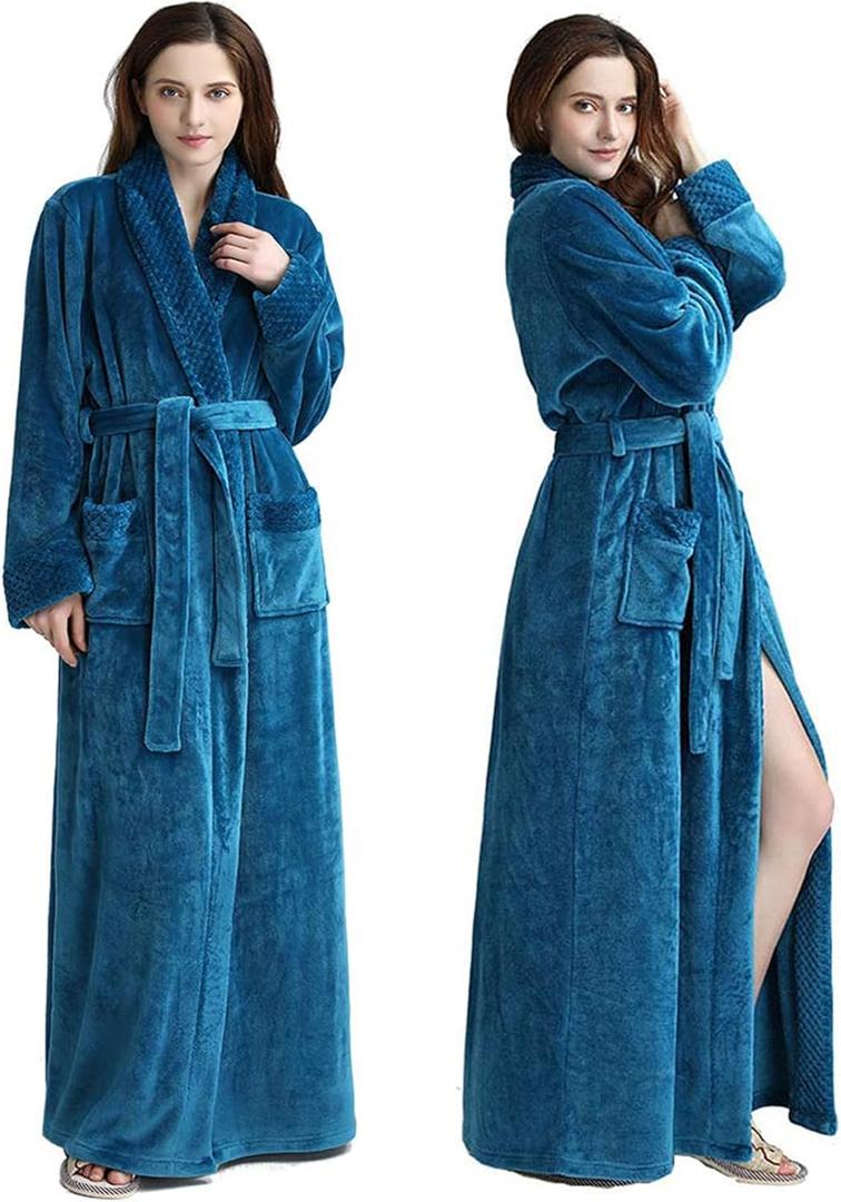 Oksun Womens Plush Fleece Long Robe: Flannel Warm Bathrobe - Full Length Winter Housecoat - Soft Cozy Nightgown Sleepwear (X-Large, Blue)