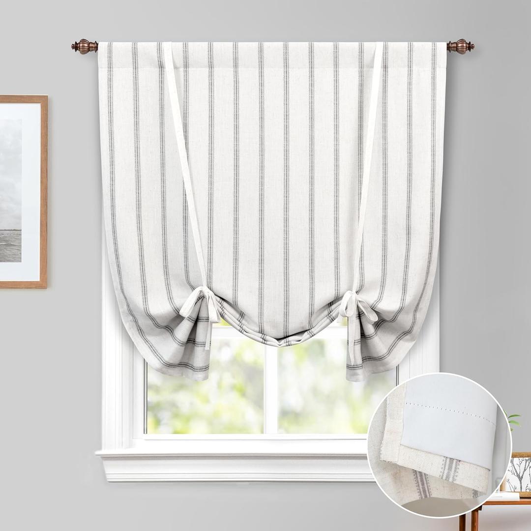 DriftAway Farmhouse Double Layer Linen Blackout Tie Up Curtains Thermal Insulated Vertical Striped Fully Lined Balloon Roman Shade Bathroom Window Adjustable Rod Pocket 45 Inch by 63 Inch Gray (Grey)