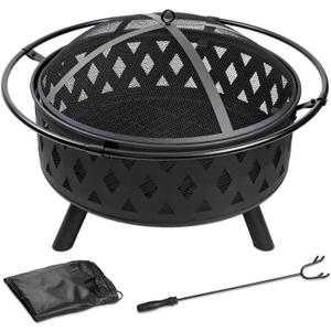 32 Inch Fire Pit Outdoor Burning Stove, 2 in 1 Metal Round Fireplace for Outside Bonfire Party, BBQ, Camping, Backyard, Patio, Garden w/Fire Poker, Spark Screen, Grate, Cover (Rhombic)