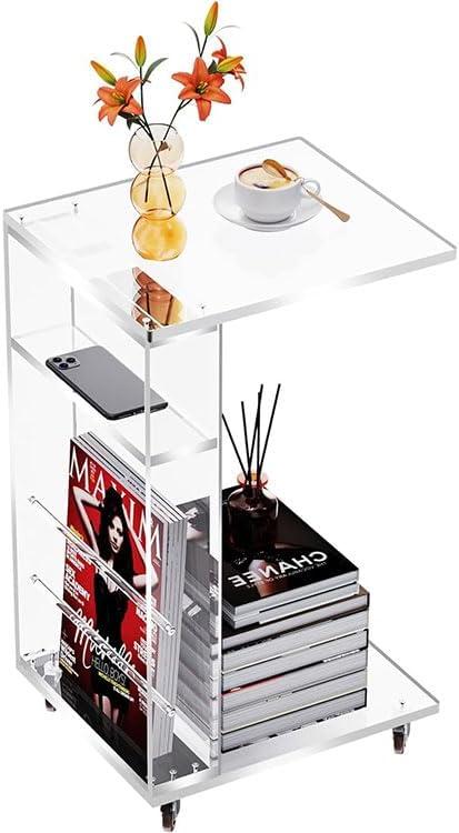 Clear Acrylic Side Table on Lockable Wheels, C Shaped End Table for Sofa, Small Coffee Tables for Small Spaces (Clear), 23.7 inches x 13.8 inches x 11.8 inches