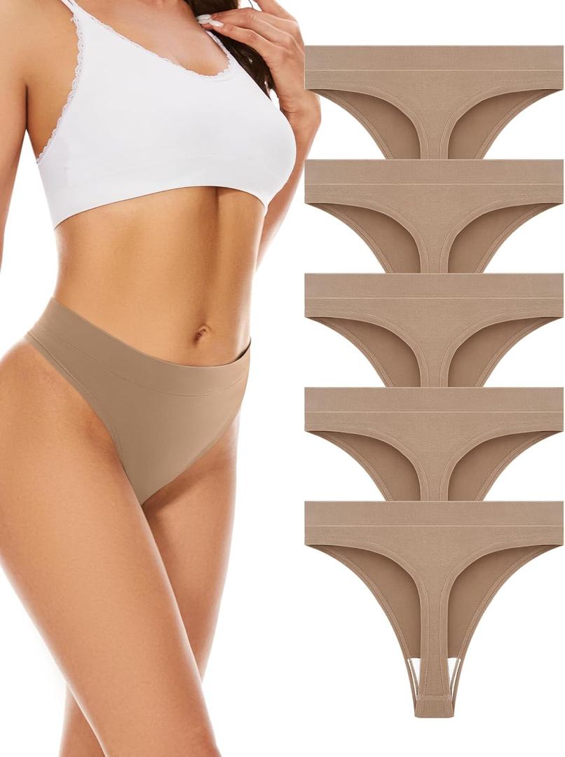 voenxe Seamless Womens Thong Underwear,High Waisted Tanga Woman No Show Panties,Breathable Workout Comfortable Undies,5 Pack (Small, Nude)