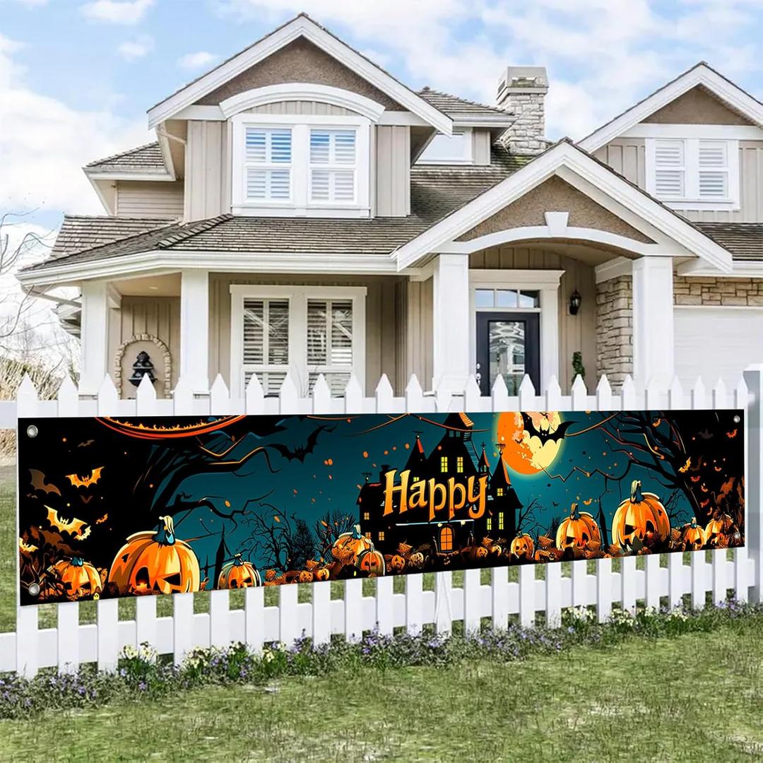 2 x 118x20 Inch Halloween Yard Decorations Outdoor Pumpkin Banner Haunted Castle Scene Happy Halloween Sign Bat Moon Backdrop for Fence Porch Garden Wall Party Seasonal Decor