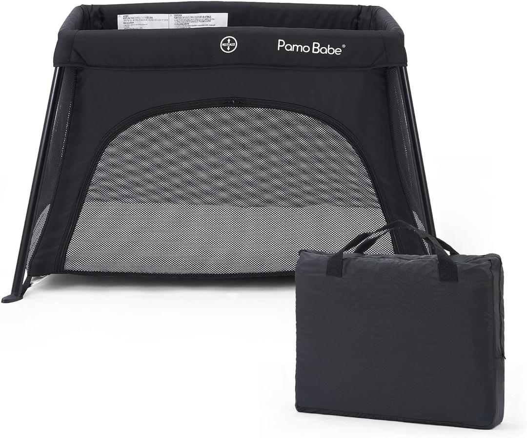Pamo Babe Travel Crib - Lightweight Baby Playard with Zip Door, Carry Bag for Airplane - Easy to Carry (Black)