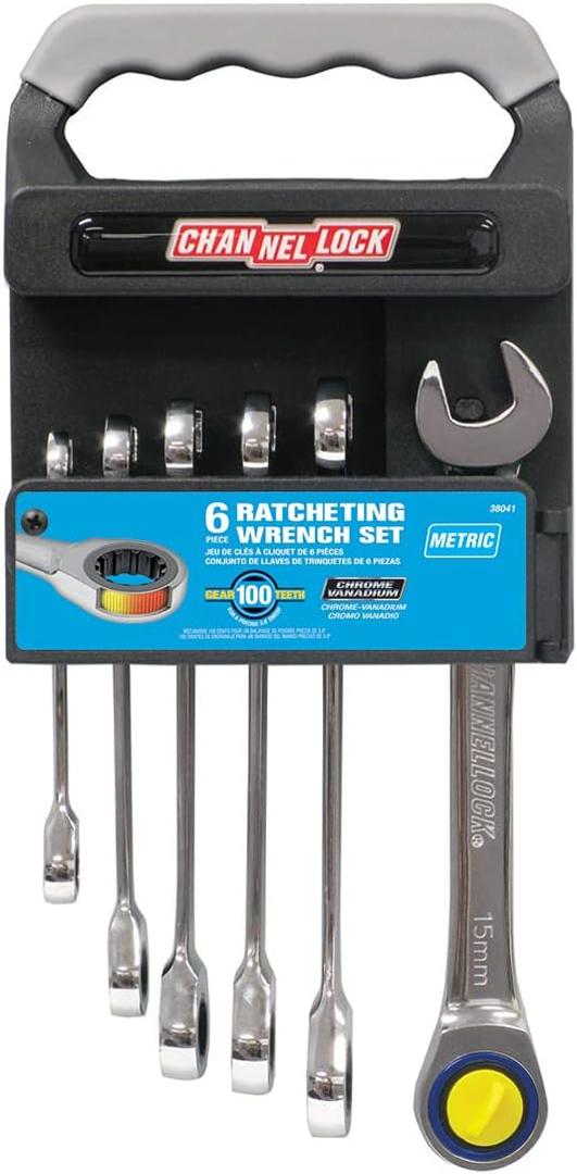 Channellock 38041 Ratcheting Wrench Set Metric On Rack, 6-Piece, Silver