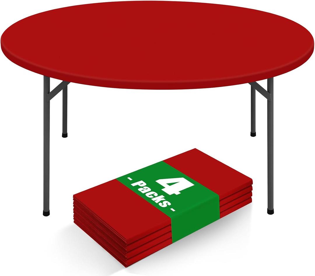 Moosfor Round Spandex Tablecloth 4 Pack, Elastic Fitted Waterproof Tablecloths for 57"-68" Tables, Stretch Washable Picnic Table Cover for Camping, Dining, Indoor and Outdoor, Red