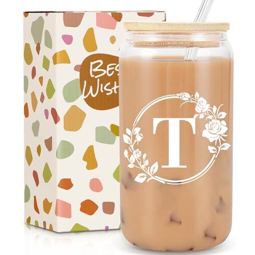 Birthday Gifts for Women, Monogrammed Initial Glass Cup Personalized Gifts for Women, 16oz Glass Cups with Lids and Straws, Iced Coffee Cup, Beer Can Shaped Glass - Gifts for Christmas, Birthday, T