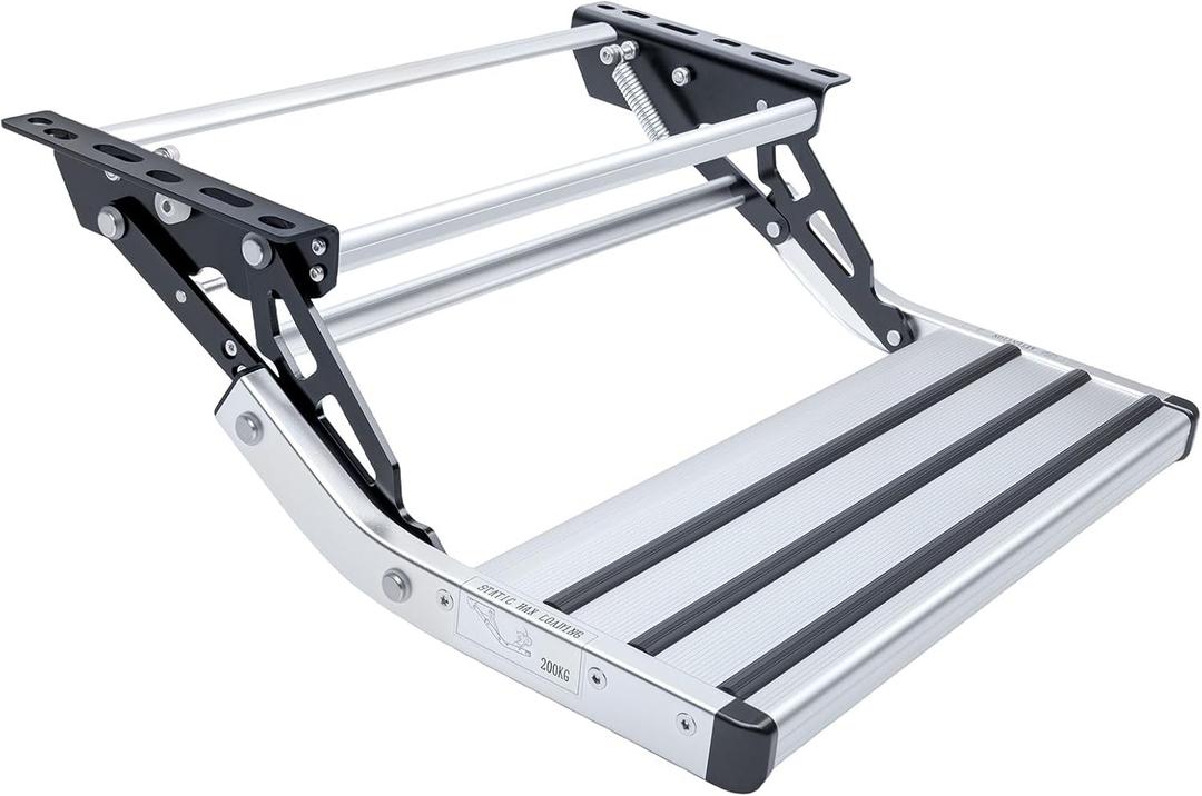 RV Steps, 1-Step, Manual Retractable RV Steps, 400 LBS Load Capacity, Foldable Aluminum Alloy Camper Steps, Thickened Steel Plate Trailer Steps, Non-Slip Design, Ideal for RV, Trailer, Camper (Silver)