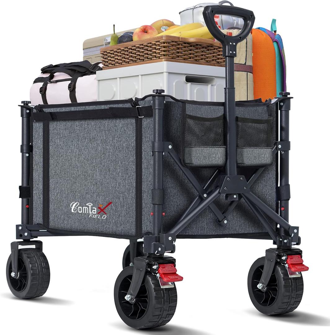 Collapsible Wagon Cart Foldable with Big Wheels Brakes, 250lbs Folding Utility Lightweight Garden Wagon, Portable Grocery Cart for Camping Shopping Sports Pets, 33.5"D x 23"W x 17.5"H Grey (Gray)