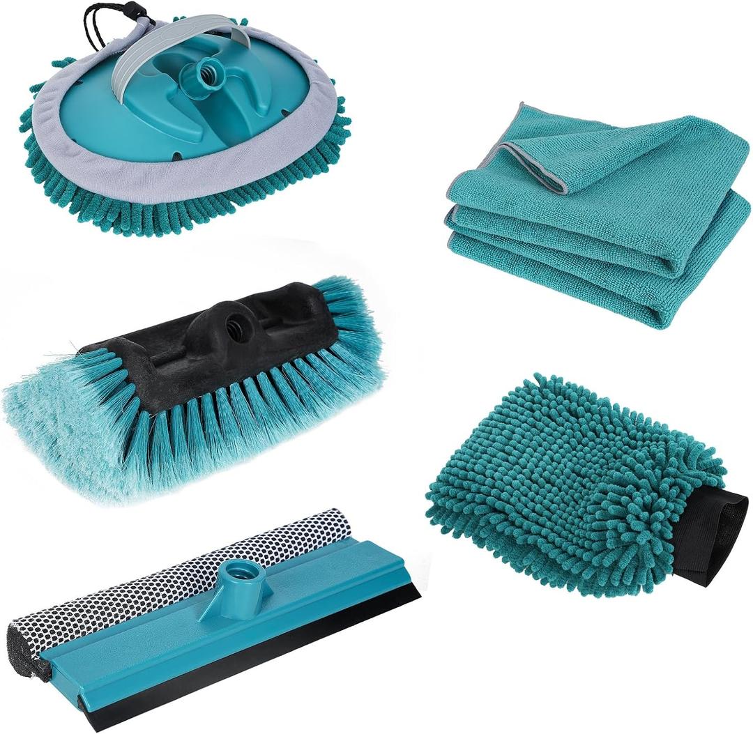 Car Wash Brush with 3 Replaceable Brush Heads - Soft Car Brush, Chenille Car Wipe, Window Squeegee, Chenille Glove & 2 Microfiber Towel - Extension Pole Not Included.