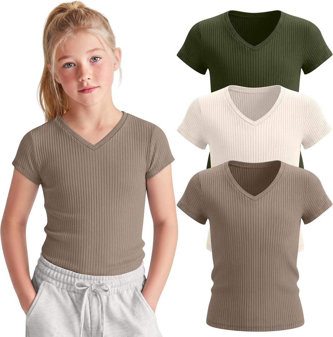 3 Pack Girls Cap Sleeve Shirts Kids V Neck Ribbed Knit Tunic Tops Slim Fit Casual Cute Basic Summer Solid Tee Shirt