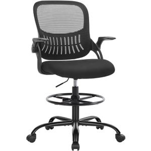SMUG Drafting Chair with Flip-up Arms, Height Adjustable Standing Tall Office Desk Chair with Foot Ring, Ergonomic Swivel Computer Chairs with Rolling Wheels, Black