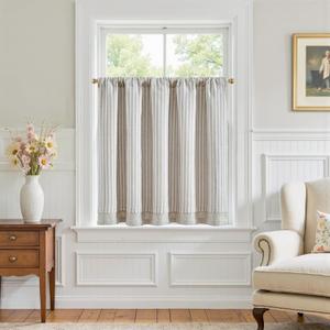 jinchan Double Layer Striped Linen Kitchen Tier Curtain Rustic Cafe for Living Room Bathroom Half Window Curtain Light Filtering Rod Pocket 1 Panel 36 Inch Taupe Grey