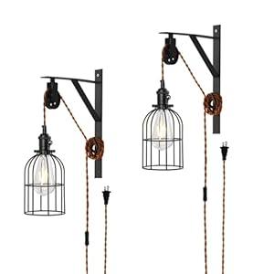 SEEBLEN Plug in Pendant Light Set of 2, Farmhouse Pulley Wall Lamp with 7-Foot Brown Plug in Cord & Switch, Industrial Hanging Lamps That Plug into Wall Outlet, Plug in Wall Sconces for Bedroom