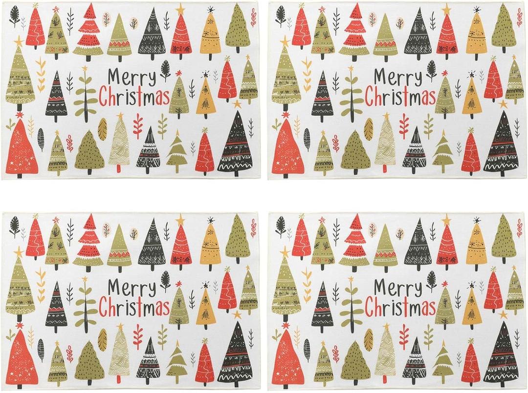OWENIE Christmas Tree Placemats Set of 4 for Kitchen Table, Waterproof & Washable Print Xmas Pine Trees Textured Fabric Mats for Festive Holiday Winter Snowy Decor, 13W x 19L