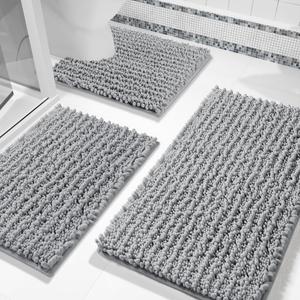 Yimobra Bathroom Rug Set 3 Piece, Extra Soft Absorbent Chenille Toilet Mat with U-Shaped Rug, Fluffy Shaggy Machine Washable Non-Slip Bath Mats for Shower Tub Bathroom, Grey (24"x17" + 24.4"x20.4" + 31.5"x19.8", Light Gray)