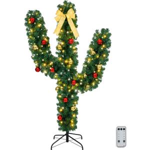 VINGLI 5ft Pre-Lit Artificial Cactus Christmas Tree w/ 110 LED Lights & 400 Tips, Perfect for Holiday, Party, and Home Decoration (3ft 11in, Green)