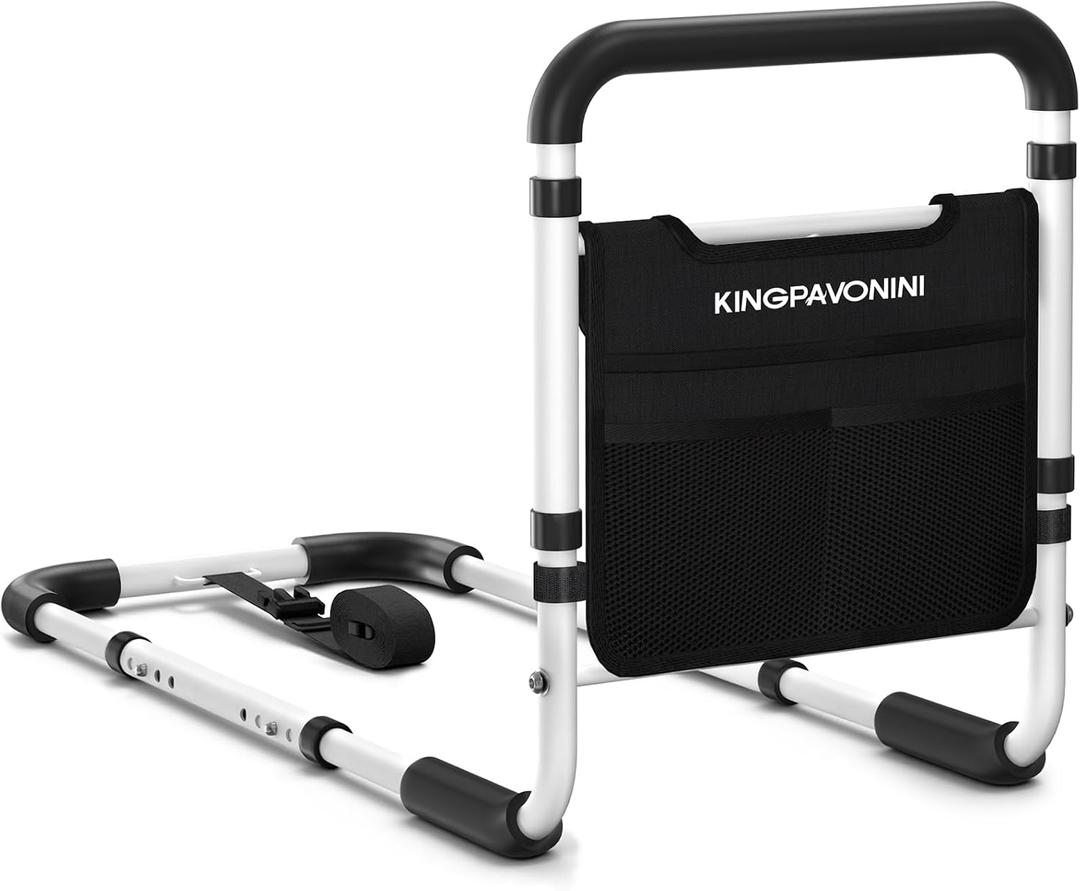 Bed Rails for Elderly Adults Safety - 2026 Upgrade - ASTM Compliant, Adjustable Bed Cane with Non-Slip Ergonomic Handle & Storage Pocket, Bed Railings for Seniors Load 400 LBS, Tool-Free Assembly (Large-white)