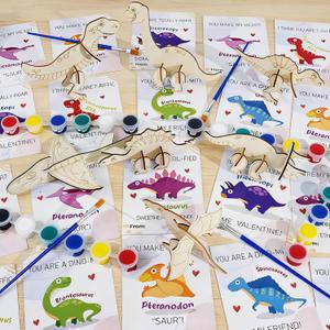 TORONTOKYO Valentines Day Gifts for Kids, 28 Pack Dinosaurs Wood Painting Craft Kits with Dino Valentines Cards, Paint & Brush - Classroom Valentines Exchange Cards for Kids School Party Favors