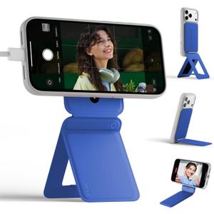 MOFT Phone Stand, Magnetic Phone Tripod Stand Stain-Resistant MOVAS Leather & Angle Adjustment & Strong Magnets Tripod for iPhone 17/16/15/14/13/12 (Included Metal Ring)-Sapphire