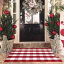 Christmas Red and White Plaid Rug, 3' x 5' Cotton Hand-Woven Layered Door Mat for Front Porch, Entryway, Outdoor Holiday Decor, Washable Buffalo Check Rug for Home, Patio, Kitchen