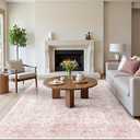 vivorug 9x12 Area Rugs for Living Room, Non Slip Machine Washable Vintage Rug, Ultra-Thin Lightweight Large Area Rug for Bedroom, Dining Room, Low Pile Pink