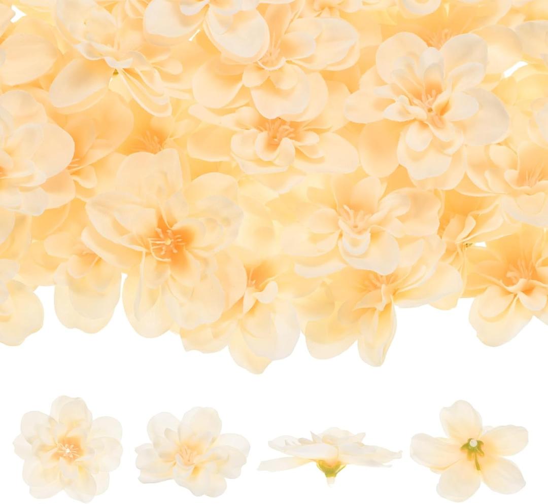 Artificial Flower Heads (2 Inch, Champagne) 50 PCS - Delphinium Silk Fake Flowers & Faux Floral Bulk, Apply to DIY Crafts/Wedding/Party/Decor/Home