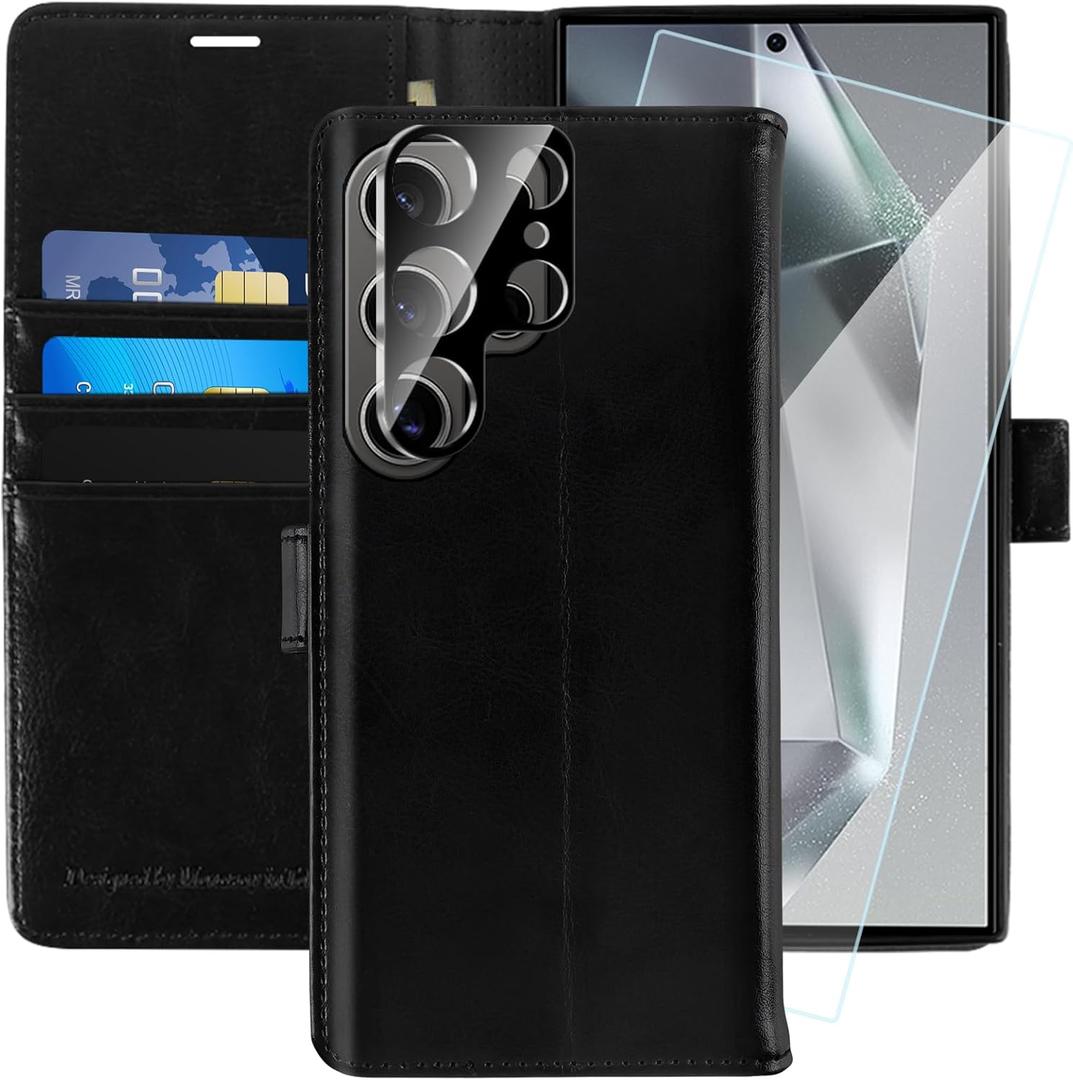 MONASAY Wallet Case Fit for Samsung Galaxy S24 Ultra 5G[Lens & Glass Screen Protector] [RFID Blocking] Flip Folio Leather Cell Phone Cover with Credit Card Holder, 6.8 inch, Black