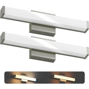 18 Inch Bathroom Vanity Light Fixtures with Night Light: Long Square Wall Mounted LED Lighting Bar Over Mirror with 5CCT & 2200K Color Changing, 120V, 780-900lm, ETL, Brushed Nickel, 2 Packs