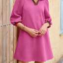 Wenrine Womens 3/4 Sleeve Mini Dress Casual V Neck Collared Textured Loose Fall A Line Argyle Dresses with Pockets (Pink)