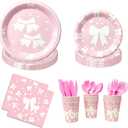 Pink Bow Plates and Napkins, Cups, Cutlery Set Serve 16, 112 Pcs