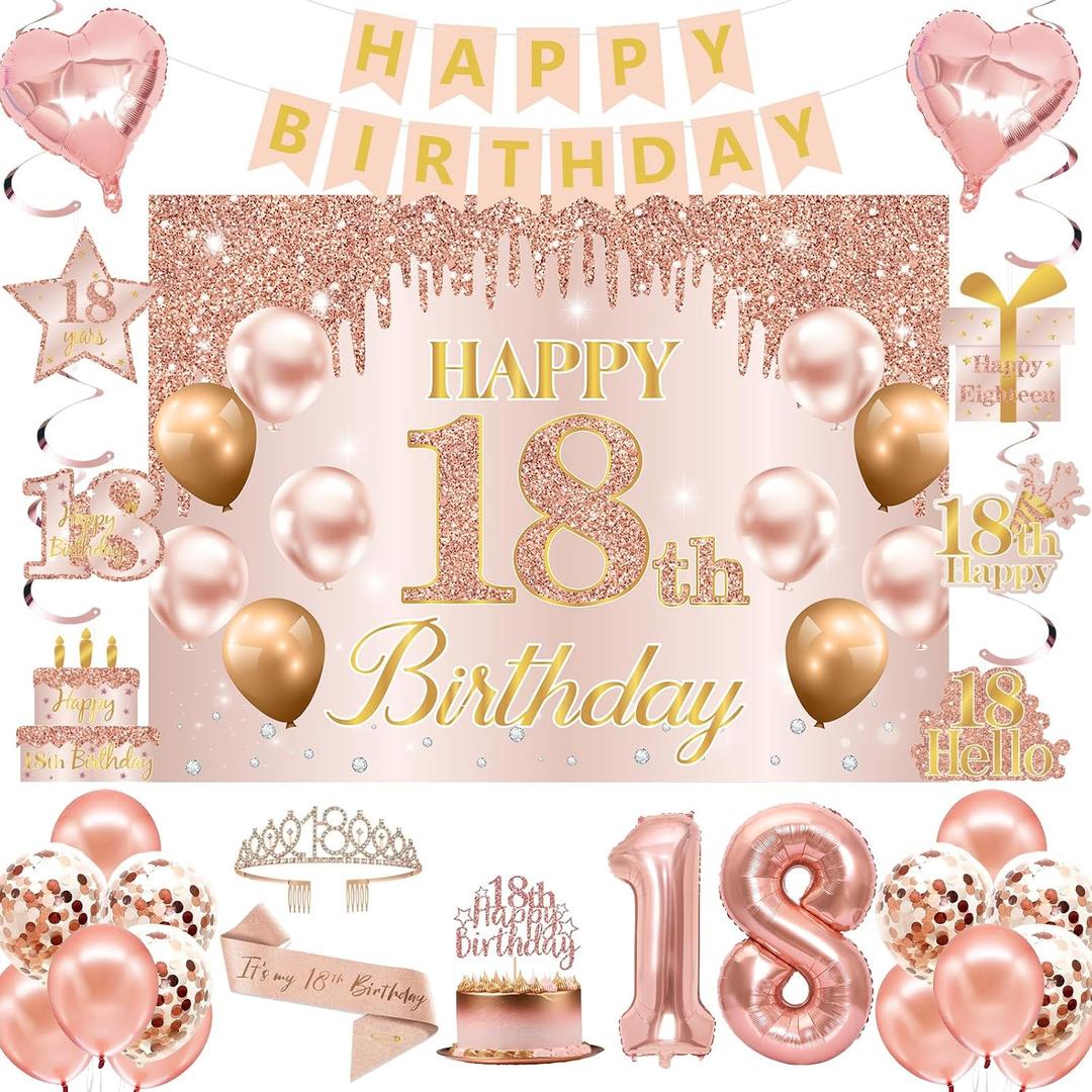 RTHPY 18th Birthday Decorations for Girls, It's My 18th Birthday Crown and Sash Pink Rose Gold 18th Cake Topper Banner Backdrop Balloons Hanging Swirls Happy 18 Years Old Party Supplies