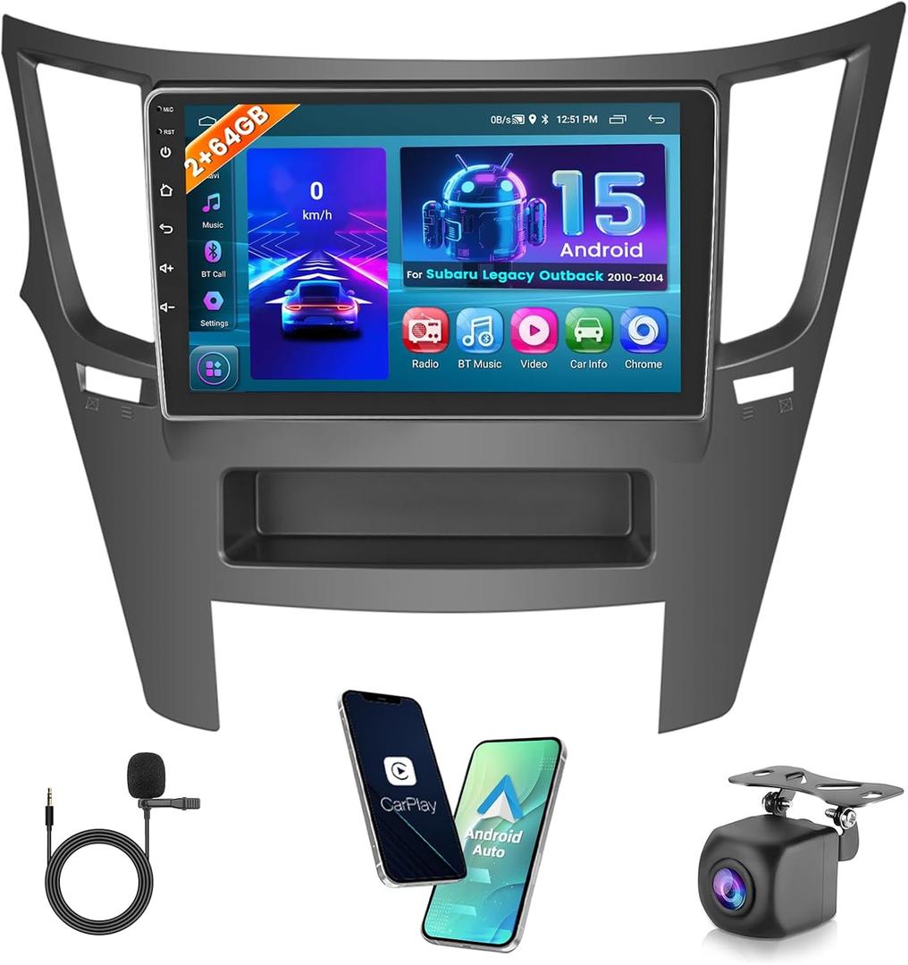 Hikity Android Car Stereo for Subaru Legacy Outback 2010-2014 Radio 2+64GB 9 Inch Touchscreen Car Radio Wireless Carplay Android Auto Support GPS Navigation WiFi Bluetooth FM EQ Backup Camera