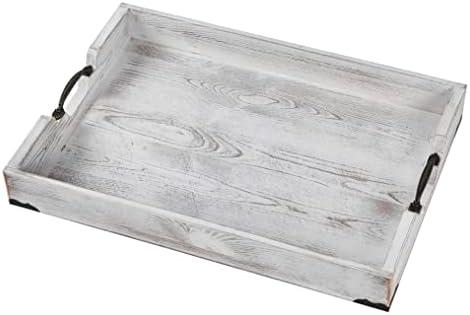 Large Wood Rectangular Serving Tray 20 x 14 Inch Rustic Wooden Ottoman Tray with Metal Handle and Wrapped Corners, Wood Coffee Table Tray Solid Pine Decorative Tray Whitewashed