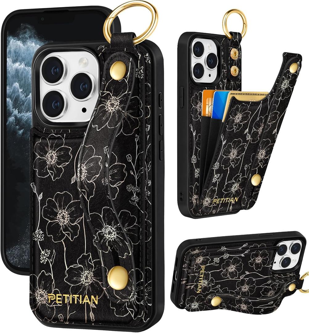 Petitian for iPhone 11 Pro Max Wallet Case - Women Girls Cute Girly Aesthetic Unique Design Leather Credit Card Holder Phone Cover Stand Wristband for iPhone 11 Pro Max, Line Floral