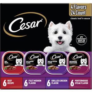 Cesar Wet Dog Food Classic Loaf in Sauce, Breakfast and Dinner with Grilled Steak & Eggs Flavor, and Chicken & Liver Flavor, 3.5 oz. Easy Peel Trays, Variety Pack 24 Count (Pack of 1)