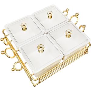 YA JU Ceramic Bowls and with Lid Gold Basket Trays, 4 Removable Small Bowls Condiment Trays Nut Serving Set for Snacks, Fruits, Candy and Condiments - Great for Parties, Holiday Gifts, White