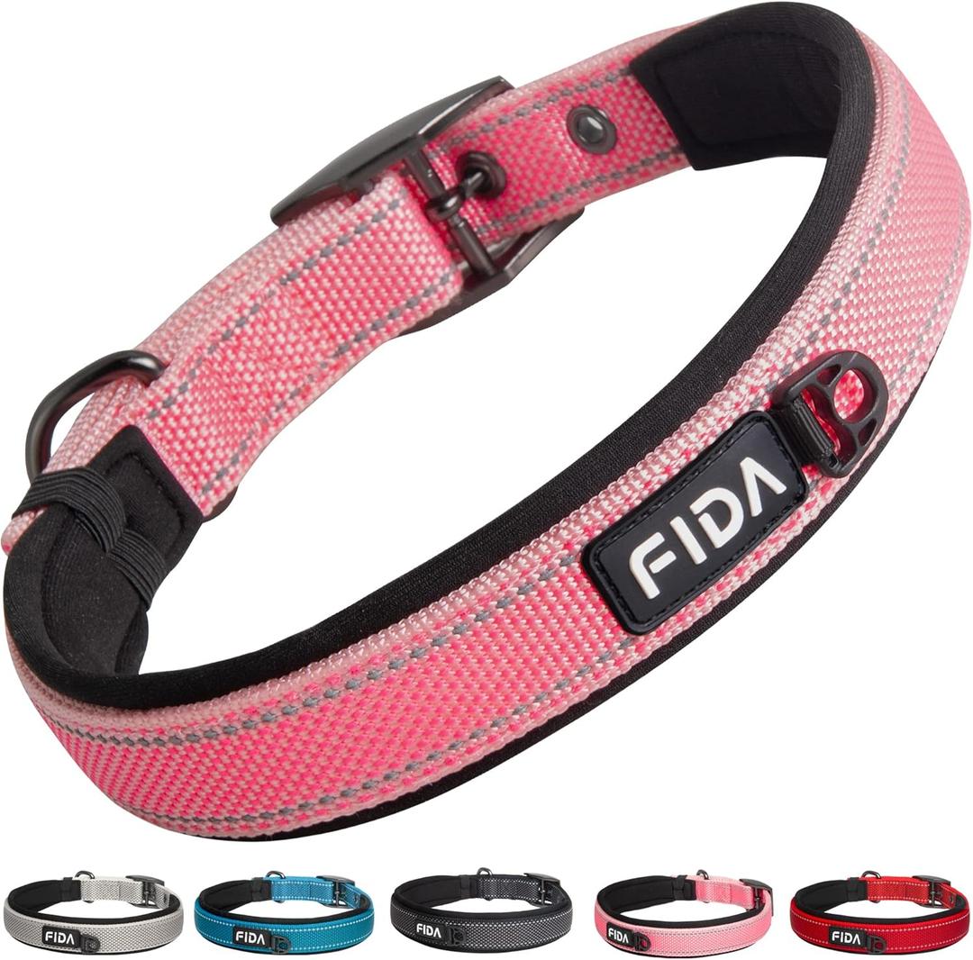 Fida Heavy Duty Dog Collar, Ultra Comfortable Soft Neoprene Padded, Adjustable Reflective Nylon Pet Collar with Durable Metal Belt Buckle for Medium Breeds (M, Pink) (Medium(14.5"-19"))
