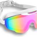 Professional Swimming Goggles with Rainbow Mirror Coating, Anti-Fog, UV Protection, Adjustable Strap, White, Black