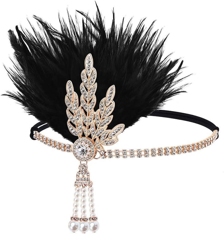 GORTIN 1920's Flapper Feather Headband Art Deco Headpiece Inspired Leaf Medallion Pearl Headband (Black Gold)