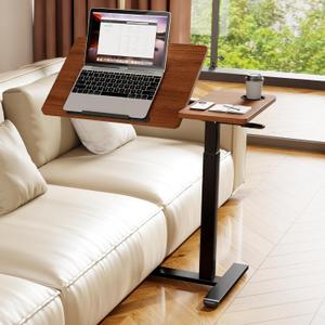 Overbed Table with Wheels, Pneumatic Height Adjustable Overbed Bedside Table, Tilting Desktop Mobile Standing Desk, Rolling Laptop Desk for Bed, Sofa, or Hospital Use (Brown)