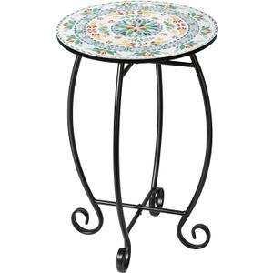 Side Table, 14" Round End Table, Unique Relief Ceramic Tile Tabletop with Metal Frame, Metal Scrollwork Accent Table, Coffee Tea Table Nightstand for Living Room, Bedroom, Indoor Outdoor Use (L4c1-natural Green)