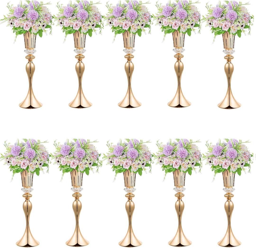 10Pcs/Set Flower Centerpiece Table Decorations Gold Trumpet Vases with Crystal Bead for Wedding Centerpieces Birthday Party Event Home Decor