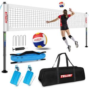 Heavy Duty Professional Volleyball Net Set Aluminum Poles, 32 ft Regulation Portable for Outdoor Backyard Beach, Anti-Sag, Adjustable Height & Length with Carry Bag