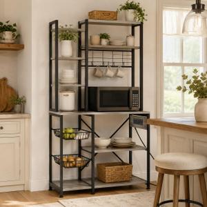 GarveeHome Bakers Rack with Power Outlets, 7-Tier Microwave Stand with 2 Wire Basket, 35.4 in Industrial Coffee Bar Station, Kitchen Large Bakers Rack with Storage for Pots, Dishes, Retro Gray, 35.43 x 15.73 x 70.15 inches