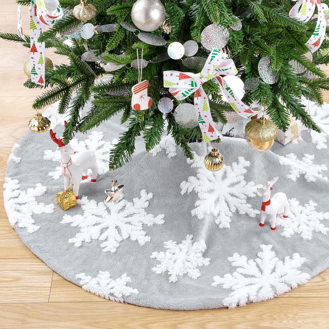 48 Inch Faux Fur Christmas Tree Skirt Large Snowflakes Tree Skirt Decoration for Xmas Party Home (Gray)