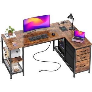 PRAISUN 47.2'' L Shaped Office Desk with Power Outlets and 3 Drawers